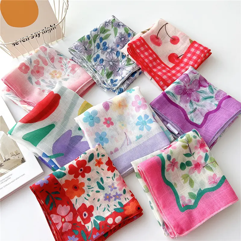 Floral Print Neckerchief Women Korean Cotton Linen Square Scarf Elegant Neck Scarves Small Wraps Bandana Head Scarfs 58*58Cm