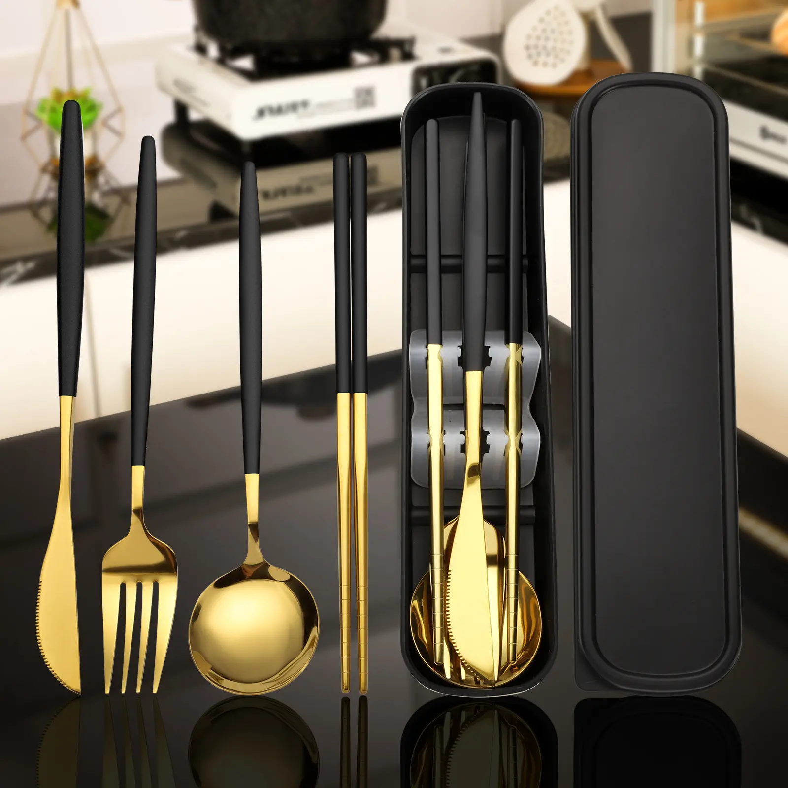 Elegant 4-Piece Gold Stainless Steel Cutlery Set with Storage Box| Reusable Portable Utensils for Travel Camping Office Home| Luxury Household Tableware Gift Set -RR