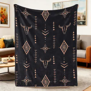 Soft Comfortable Funny Throw Blanket Digital Print Polyester Knitted Retro Western Style Flannel - Mid Century Design With Bull & Geometric Patterns For Bed,Sofa,Office,Camping - All Seasons