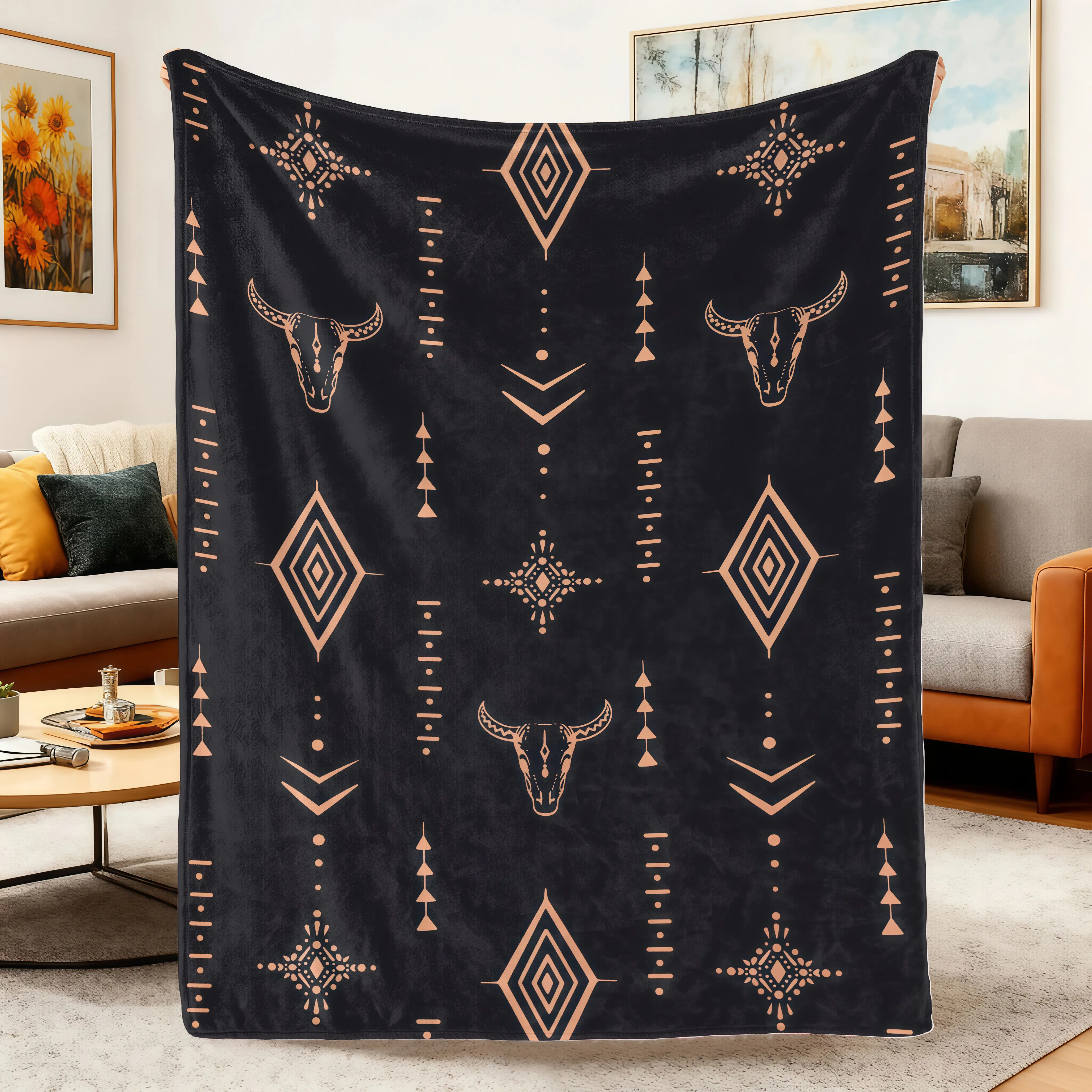 Western Boho Blanket Soft Flannel Throw Blanket,Longhorn Bull Geometric Print Cozy Blanket for Bed Couch Sofa,Retro Southwestern Cowgirl Room Decor Gift