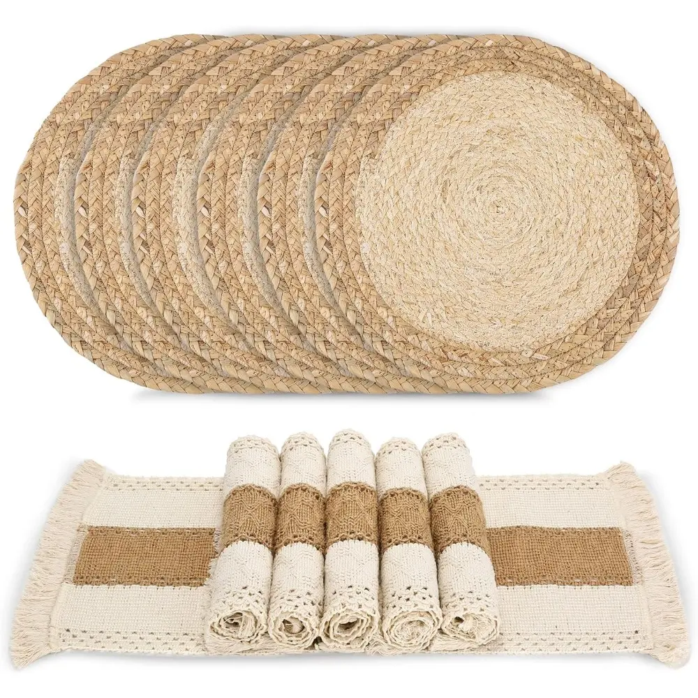 Handmade Boho Placemats & Coasters Set of 6 - 11.8"x19.6" Natural Cotton Burlap, Water Straw Woven Tableware, Stripes Rustic Chic Macrame Decor for Farmhouse Dining Table (Round & Square Mats), Birthday
