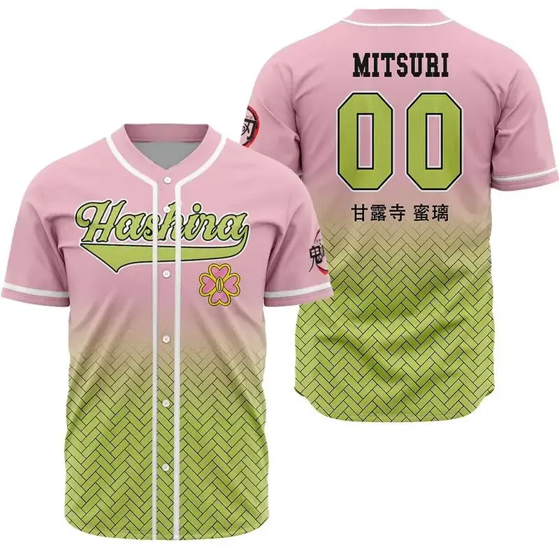 Mitsuri Kanroji Anime Baseball Jersey - Love Hashira Cosplay Button Down Shirt - Premium Breathable Mesh Fabric Dye Sublimated Print - Perfect Gift for Otaku & Demon Slayer Fans