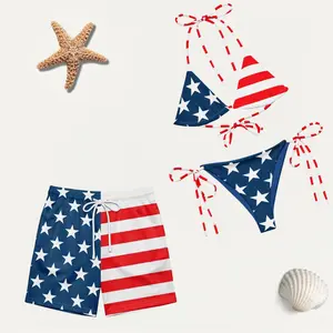 American Flag Couple Matching Swimsuit, Red White Blue Stars & Stripes Bikini Top & Shorts, Gift for USA Lovers
