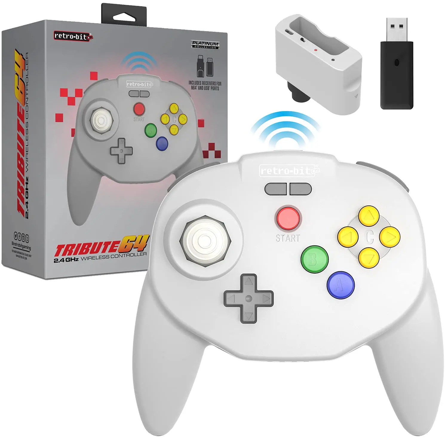 Retro-Bit Tribute 64 Wireless Controller for Nintendo 64, Switch Online, PC, MacOS, RetroPie, Raspberry Pi & USB Devices - Classic Gray Games Accessories with Ergonomic Grip, Thumb Stick & Storage Card Compatibility
