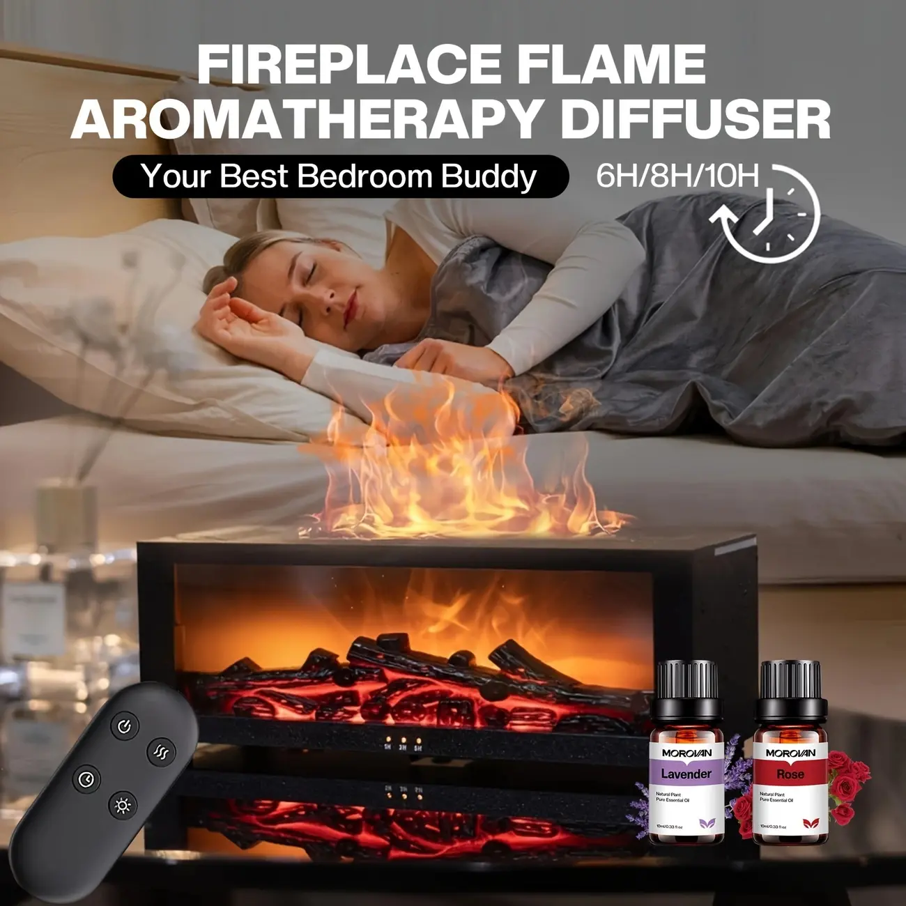 Fireplace Flame Air Diffuser Humidifier,7Colors Aromatherapy Essential Oil,With 2pcs Essential Oils Diffuser,Ultrasonic Aroma Humidifier with Timer for Home,Bedroom,Office,Yoga