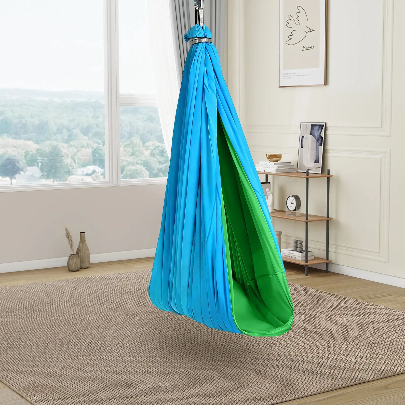 OP-outdoor hammock，Sensory Hammock Swing for Kids - Indoor & Outdoor CozyNest Chair - Calming Therapy, Hug-Like Support, 360° Swivel,Blue and Green