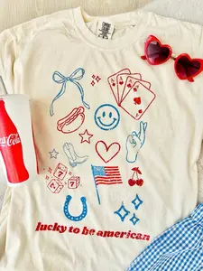 Lucky to Be American Graphic T-Shirt - Patriotic 4th of July USA Tee for Women - Red White Blue Independence Day Memorial Day Summer Shirt