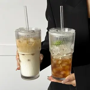Vintage Striped Glass Cups with Glass Straw, 600ML Coffee Cup, Thick High Borosilicate Material, Perfect for Ice Coffee, Juice, Drinks, Glass Drinking Cup, Thickened Glass Cups
