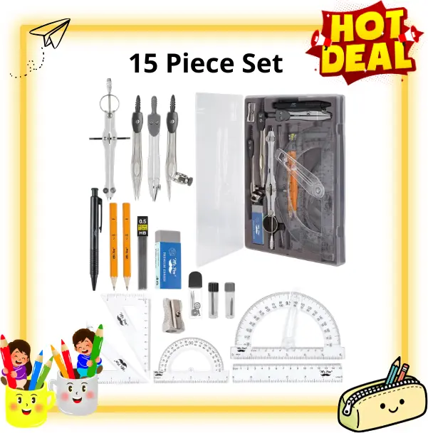 15 Piece Geometry Set with 6 Inch Protractor, Ruler, Compass, Metal Divider & Set Squares, Math Tools for Students, Drafting, Classroom & Back to School Supplies