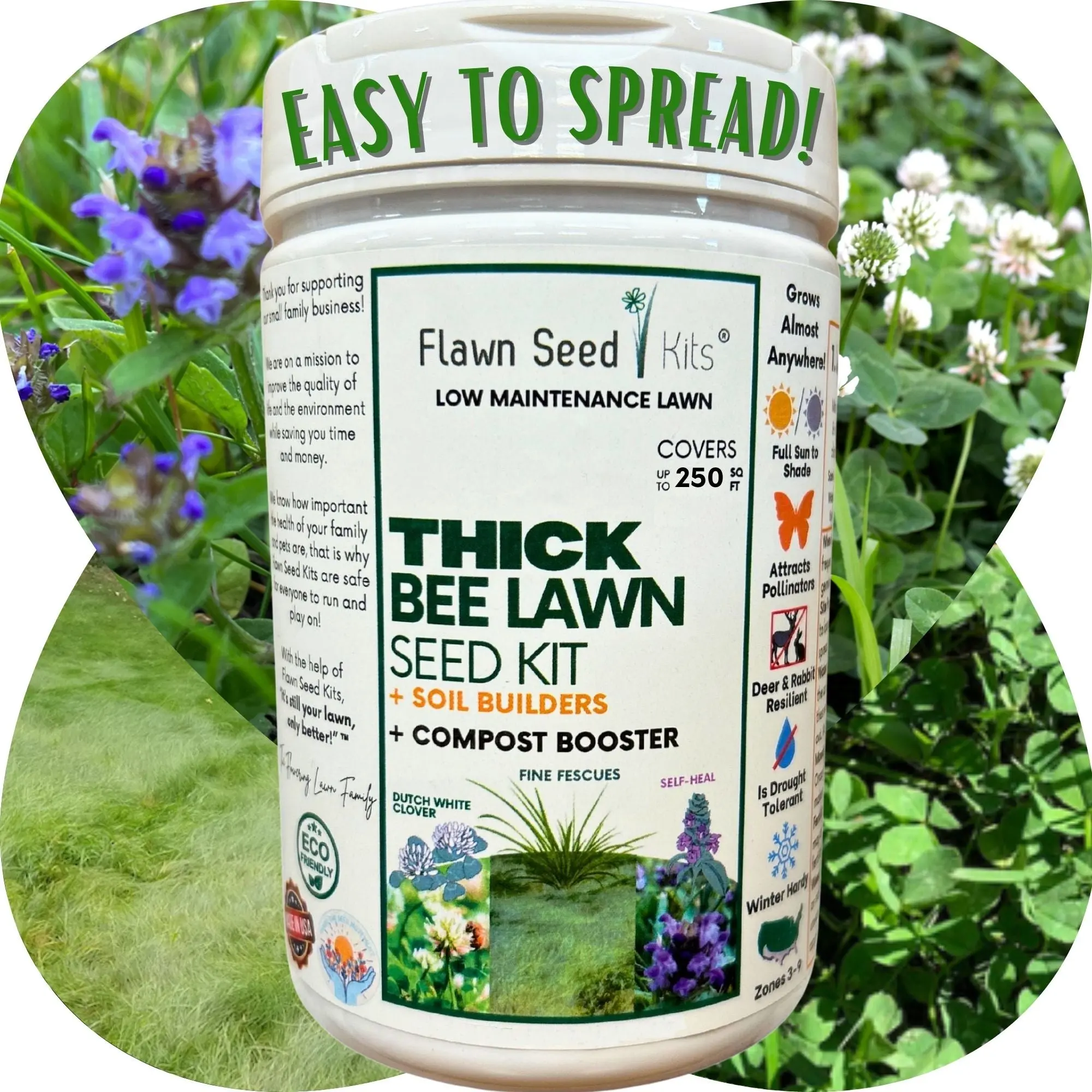 Flawn Seed Kits Thick Bee Lawn, Dutch Clover, Self-Heal, Fine Fescue, Easy to Spread, Low Maintenance, Pet, Kid, Eco-Friendly, Regenerative, 250-2500 sq ft