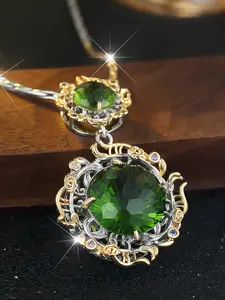 Unique Imitation Crystal Necklace Geometric Green Pendant Chain Necklace for Women, Vintage Design Wedding Jewelry Gift, Wedding Anniversary Birthday Present for Her