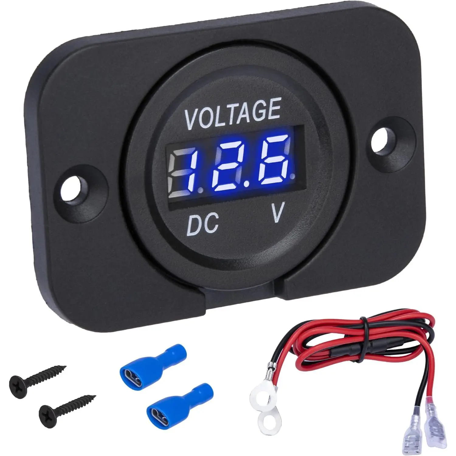Car Battery Voltage Meter, Waterproof DC 12V 24V Digital Volt Meter, 12v Battery Monitor with LED Digital Display, Round Voltage Gauge for Car Truck RV ATV Boat Marine (Blue Light)
