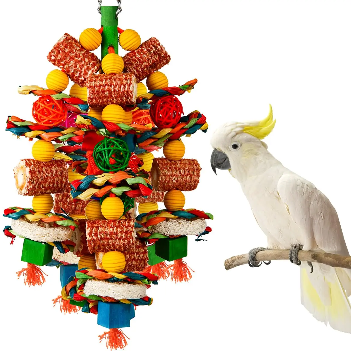 Bird Toys, large bird,Parrot Toys for Large Birds,Natural Corn cob and Loofah Slices Bird chew Toys for African Grey Parrots, Macaws, Cockatoos, Amazon Parrot and other Small and Medium-Sized Parrot (Colorful)