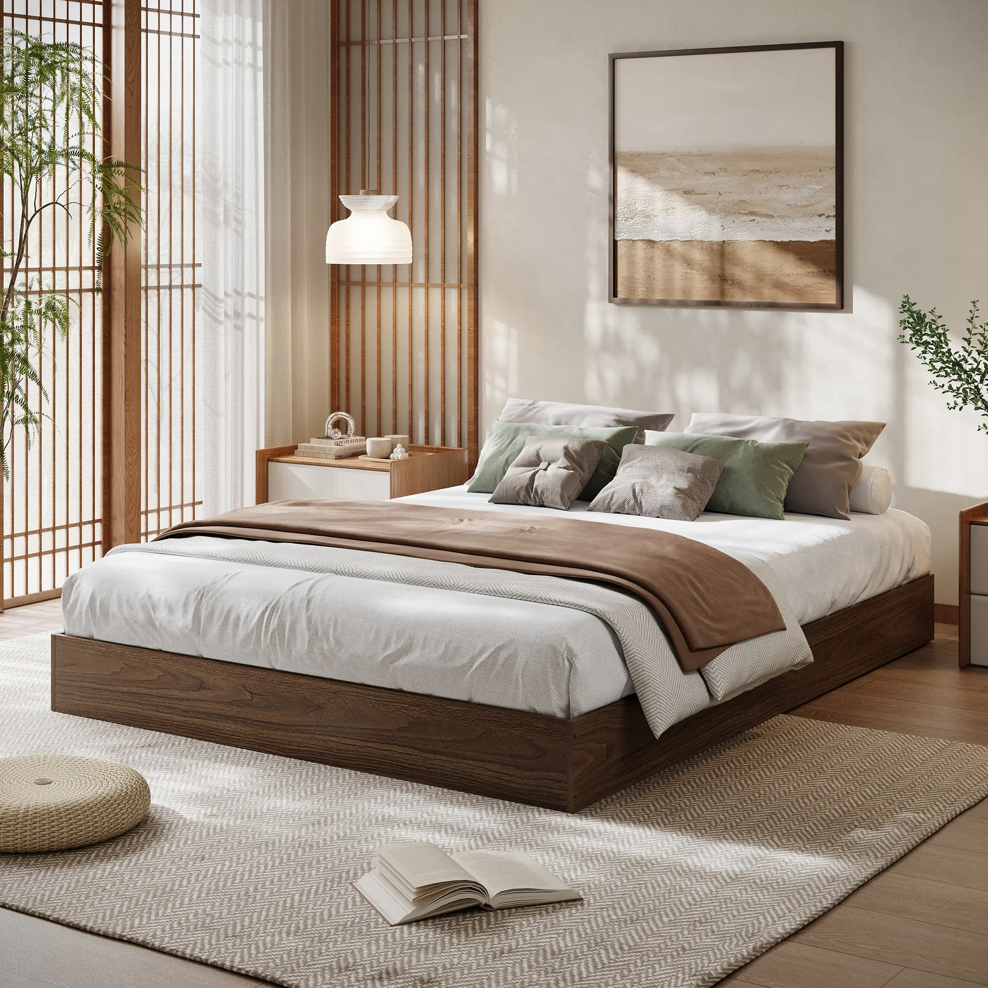 Modern Minimalist Sturdy Wood Platform Bed Frame - Floor-Standing, Wooden Slats, No Headboard, No Box Spring Needed, Compatible with Full Size, Queen Size Bed Frames