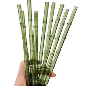 4 Pack Bamboo‑Textured Reusable Glass Straws with Cleaning Brush, Dishwasher Safe Eco‑Friendly Drinking Tubes for Bubble Tea, Coffee, Cocktails, Ideal Party Favors & Daily Household Supplies
