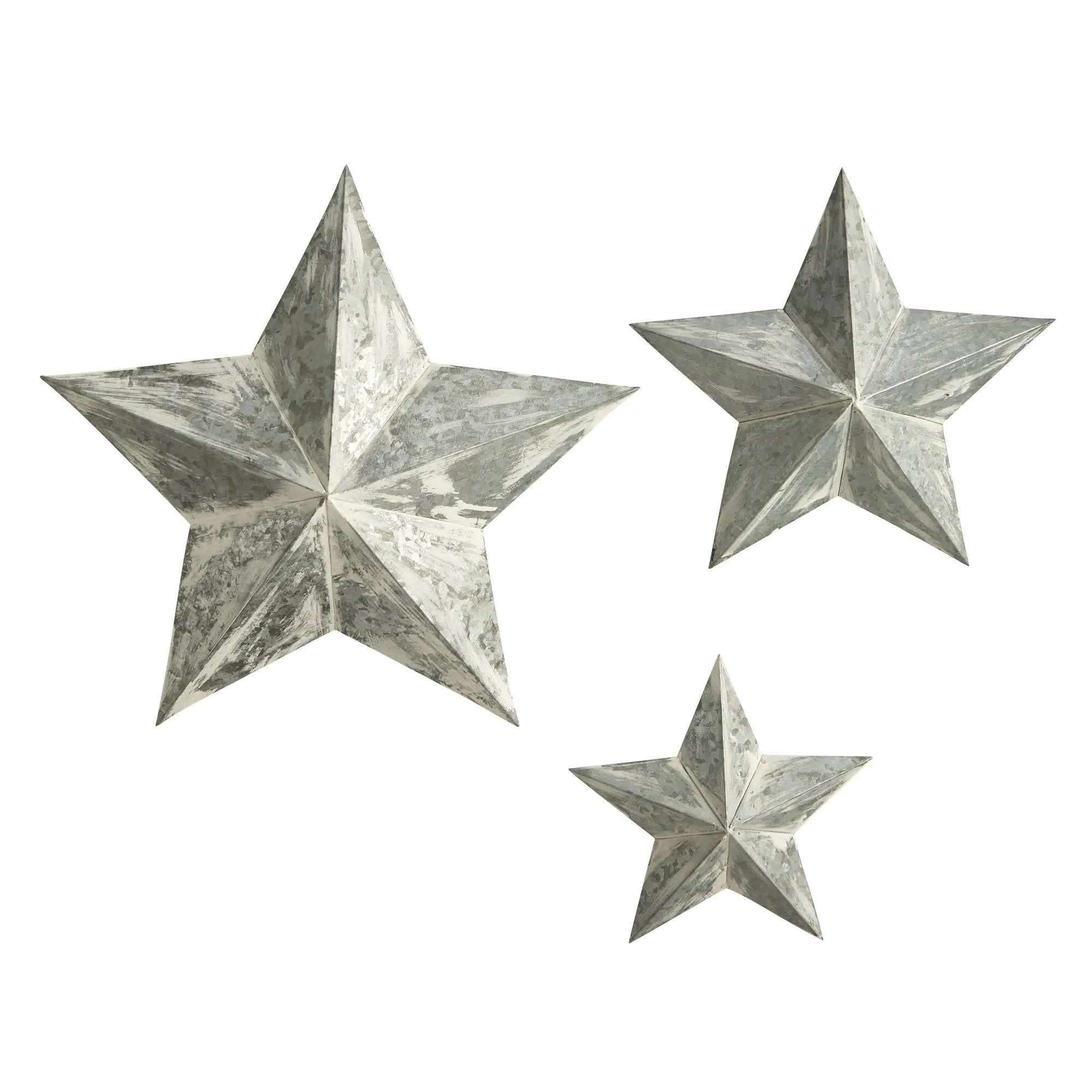 3-Piece Multi-Size Whitewash Rustic Metal Farmhouse Star Hanging Decor - 16in, 22in, 28in Wall Hangings for Kid Room, Nursery Decoration, Bare Walls