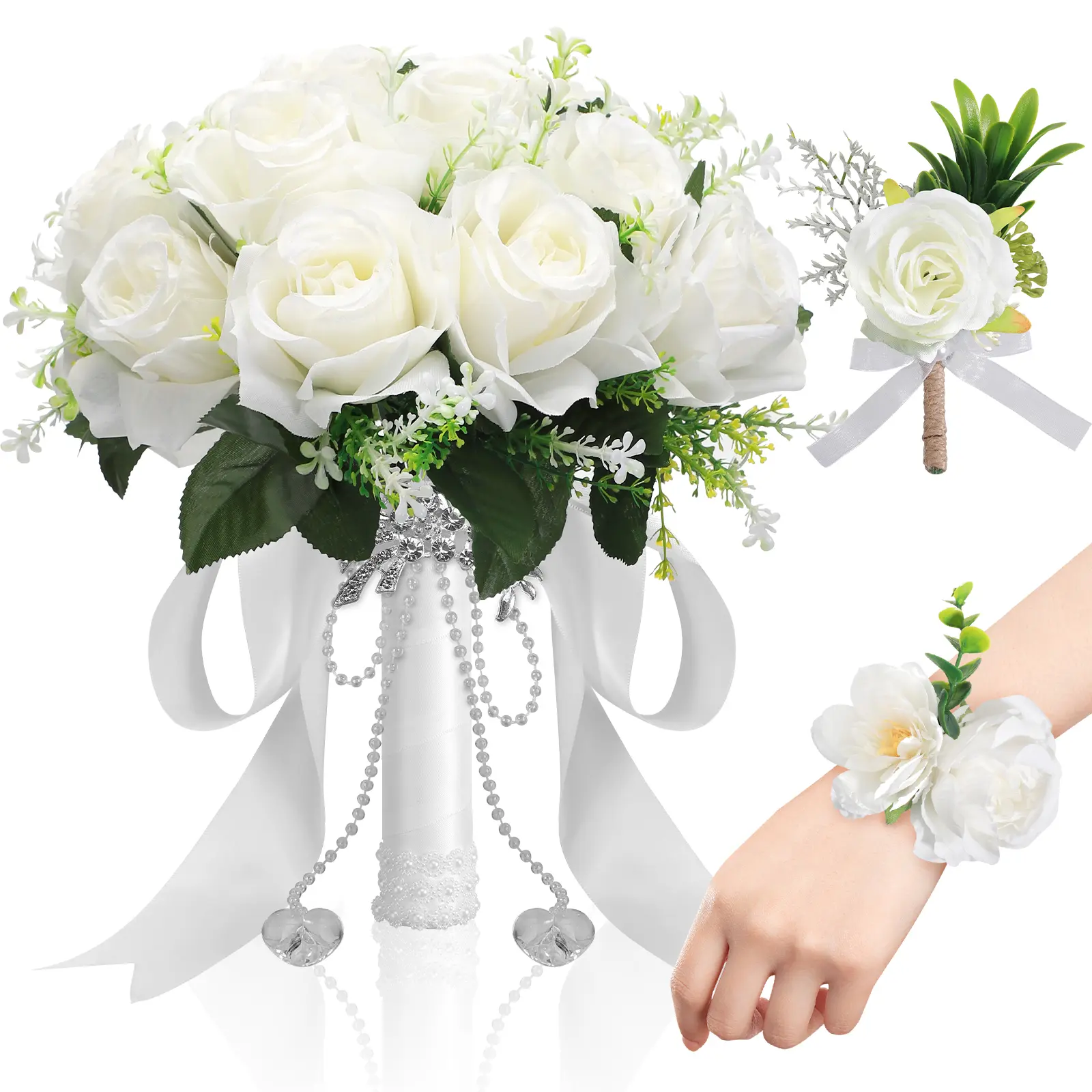 Wedding Bouquets for Bride Bridesmaid,Wedding brooch & Wedding wrist corsage,Artificial Rose Flower for Wedding Prom Church Decoration,Ceremony, Anniversary