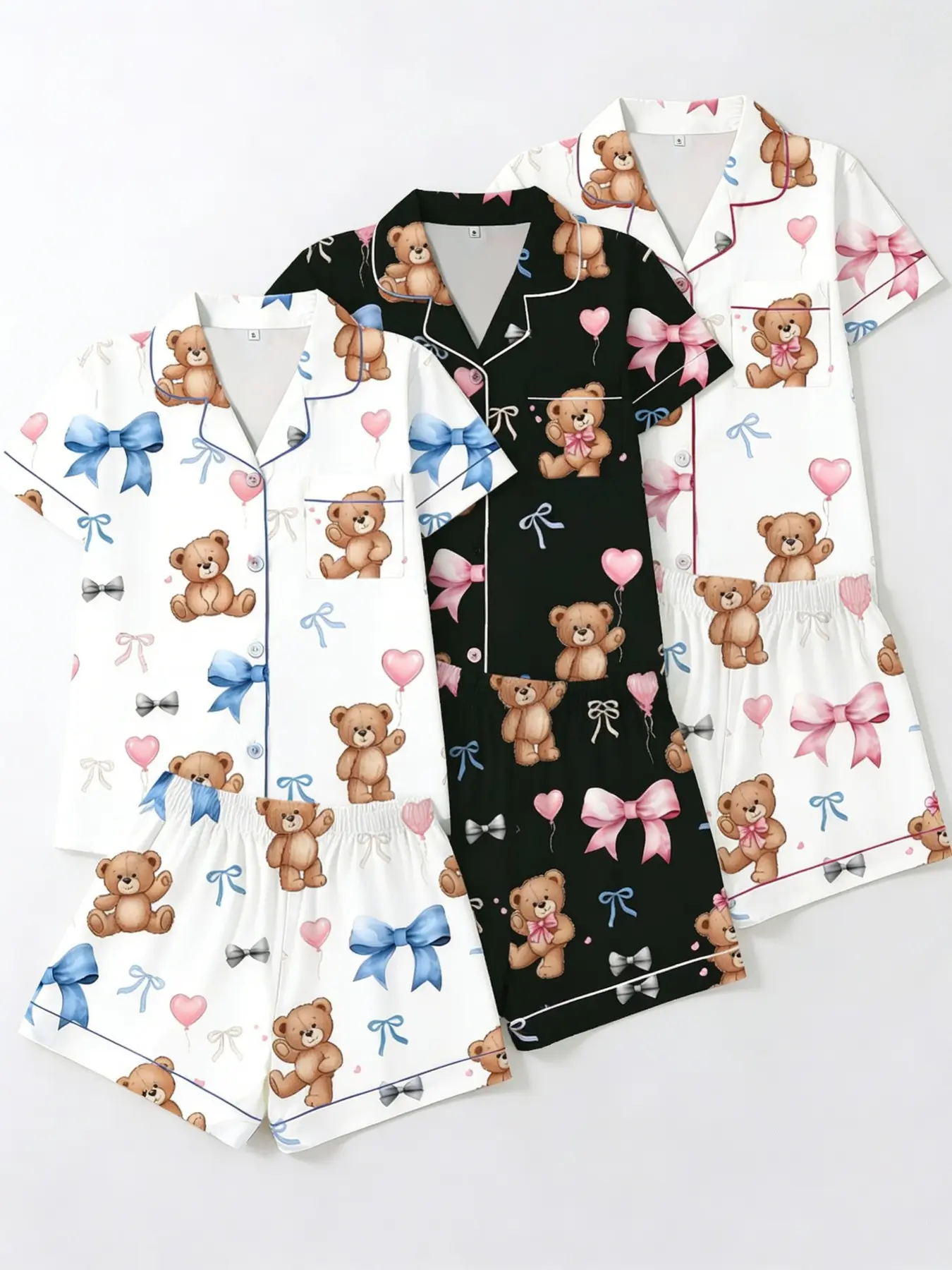 3 Pcs Bear Bow Short Sleeve Sleepwear Set, Cartoon Pattern Pajamas, Cute Sweet Style, Open Front Collar, Girls' Home Leisure Clothing, All Seasons