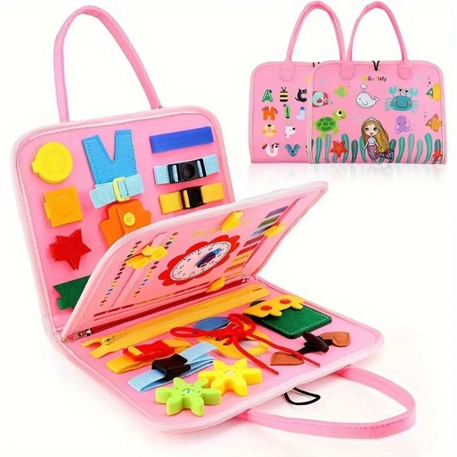 Montessori Busy Board for Toddlers, Preschool Busy Board, Sensory Learning Activity Board with Zippers, Buckles and Alphabet, Multi-Activity Portable Travel Educational Toy, Great Birthday or Holiday Gift for Kids