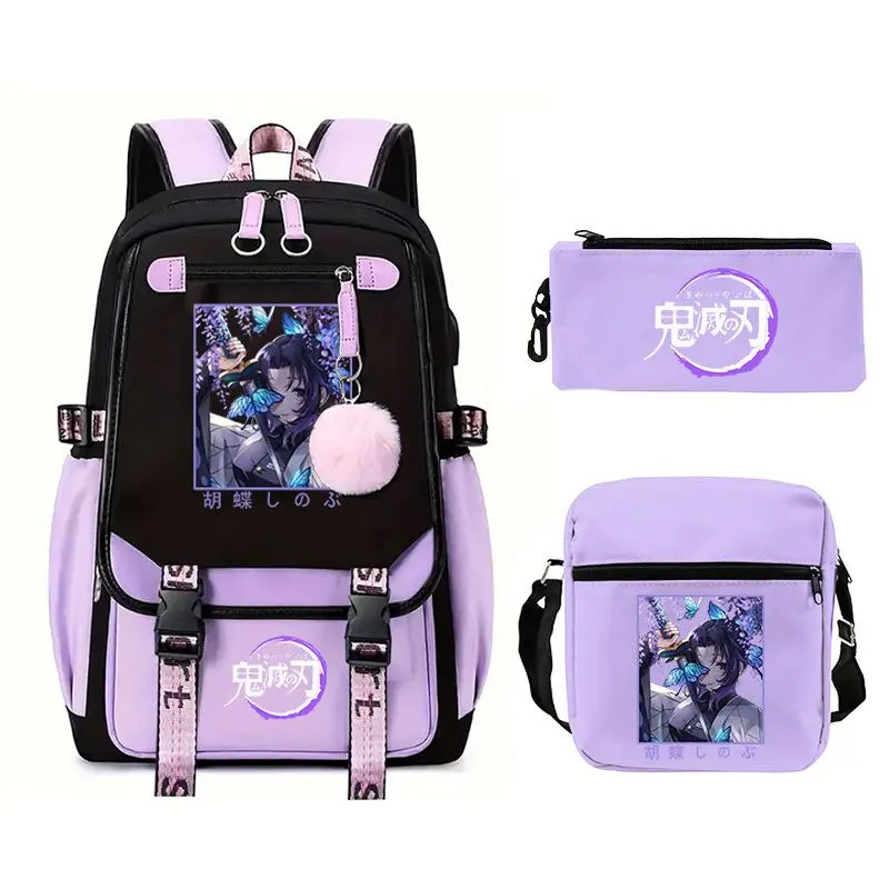 Demon Slayer Shinobu Kocho Purple Two Tone 3 In 1 Backpack Set, Backpack + Crossbody Bag + Pencil Case Anime Fan School Laptop Daypack