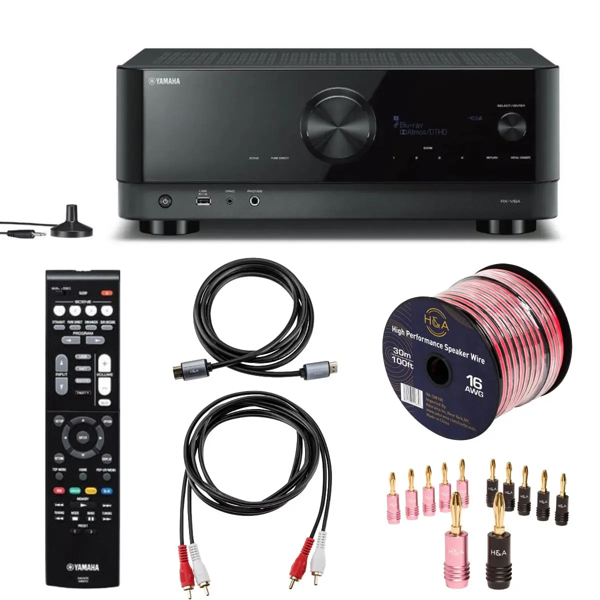 Yamaha RX-V6A 7.2-Channel AV Receiver with 8K HDMI and MusicCast, Bundled with RCA, HDMI, 16 AWG Speaker Wire Cables