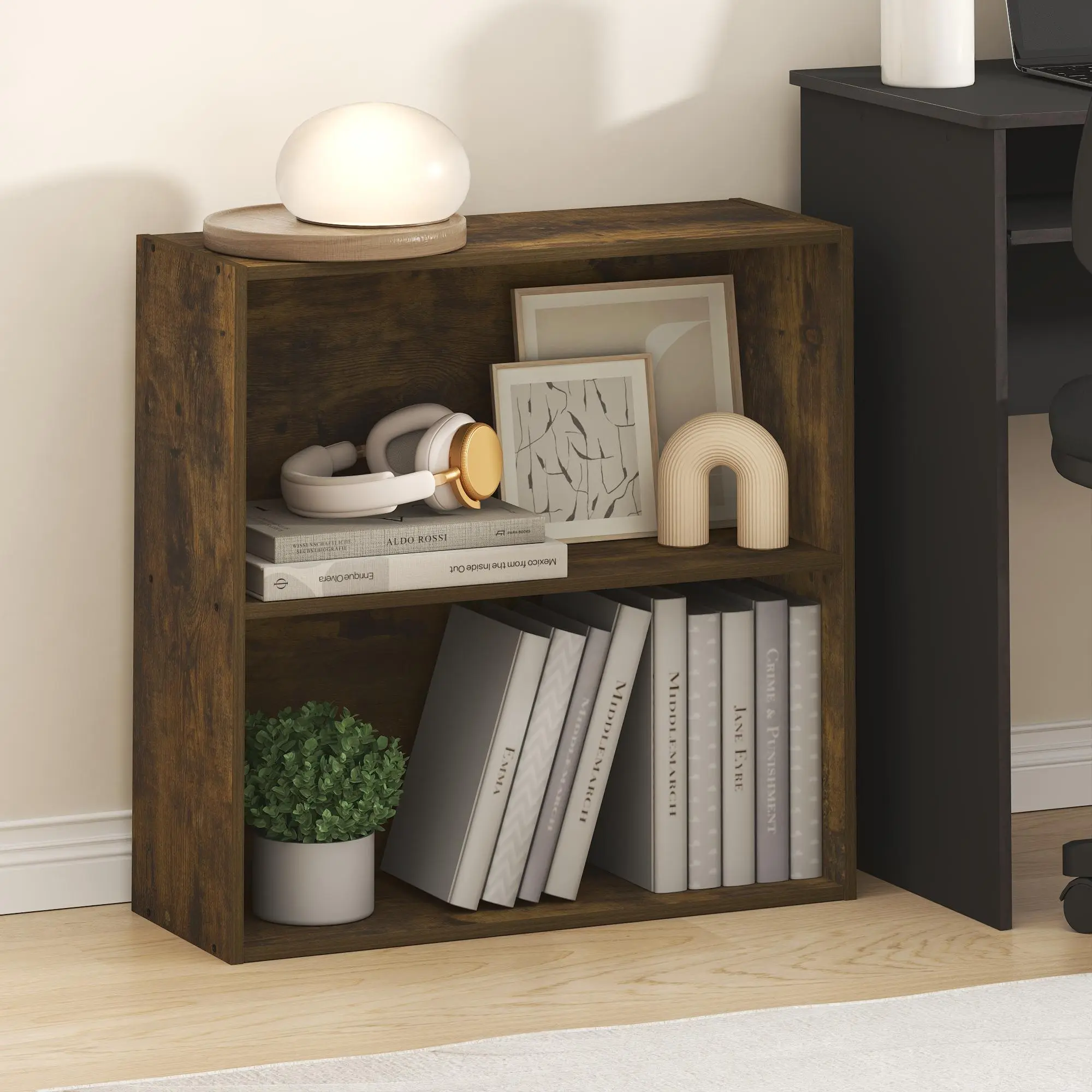PASIR 2-Tier Open Shelf Small Size Bookshelf, 9.0x24.6x23.7in Amber Pine Space-Saving Indoor Furniture, for Living Room, Home Office, Small Spaces Organization