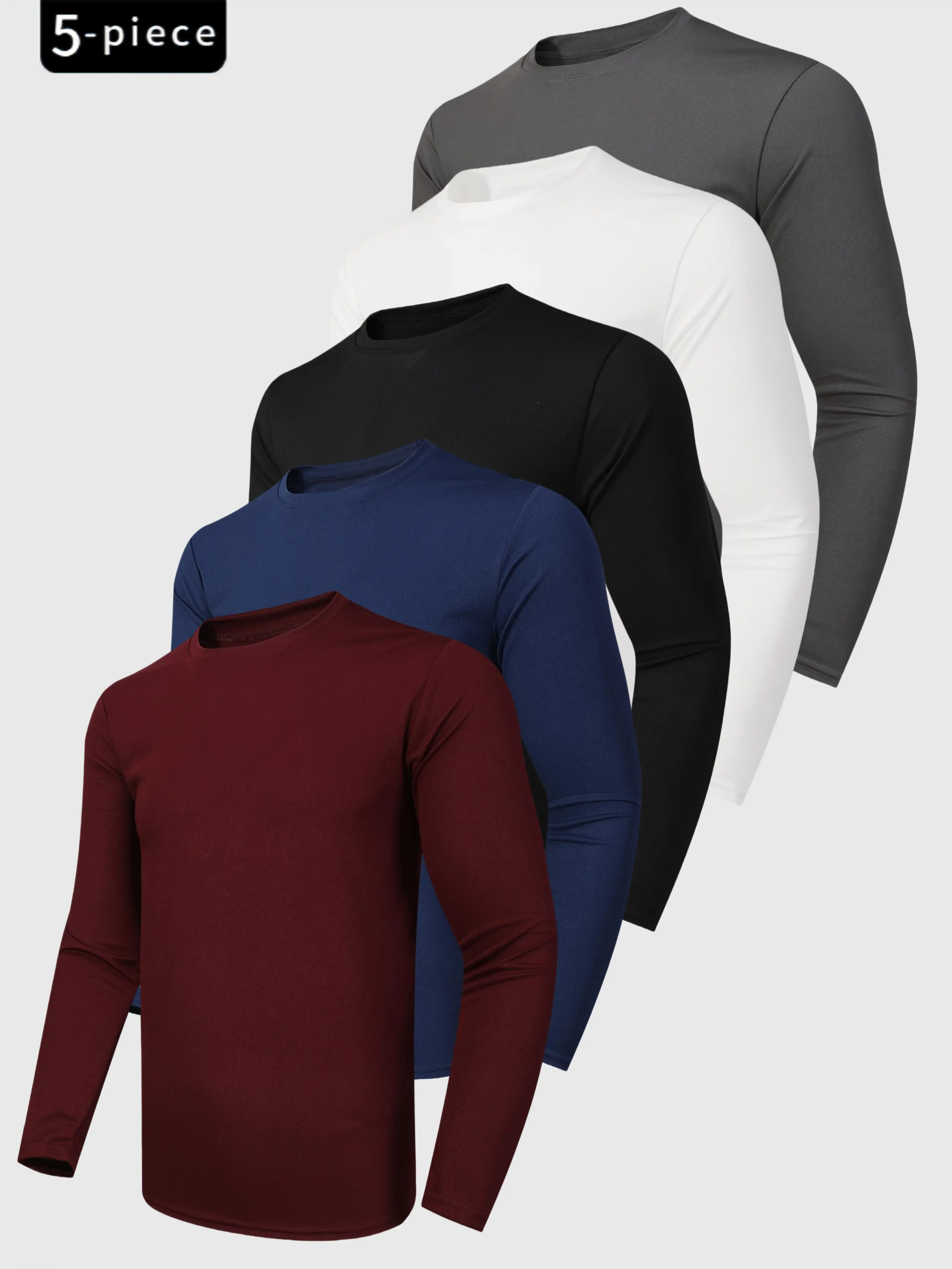 Men's 5 piece sports shirt set, solid color round neck long sleeved T-shirt, quick drying moisture absorbing and sunscreen fitness top, suitable for d
