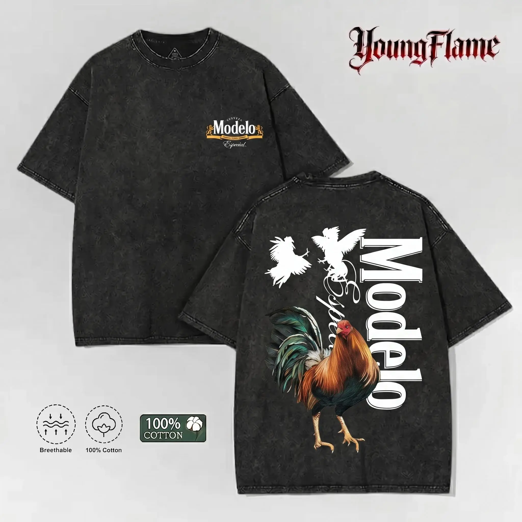 Men's Vintage Rooster Graphic T-Shirt, Heavyweight 100% Cotton Acid Wash Casual Streetwear Top
