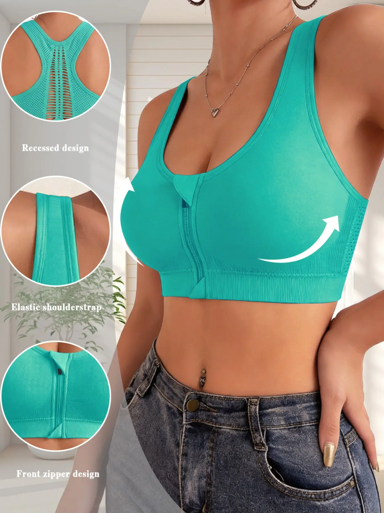Front Zipper Mesh Racerback Yoga Sports Bra, Wireless Sports Bras, Workout Bras, Supportive Sports Bra, Soft And Elastic Material, No Underwire, Push Up Support, Anti-Sagging, Breathable, Suitable For Sports And Daily Life