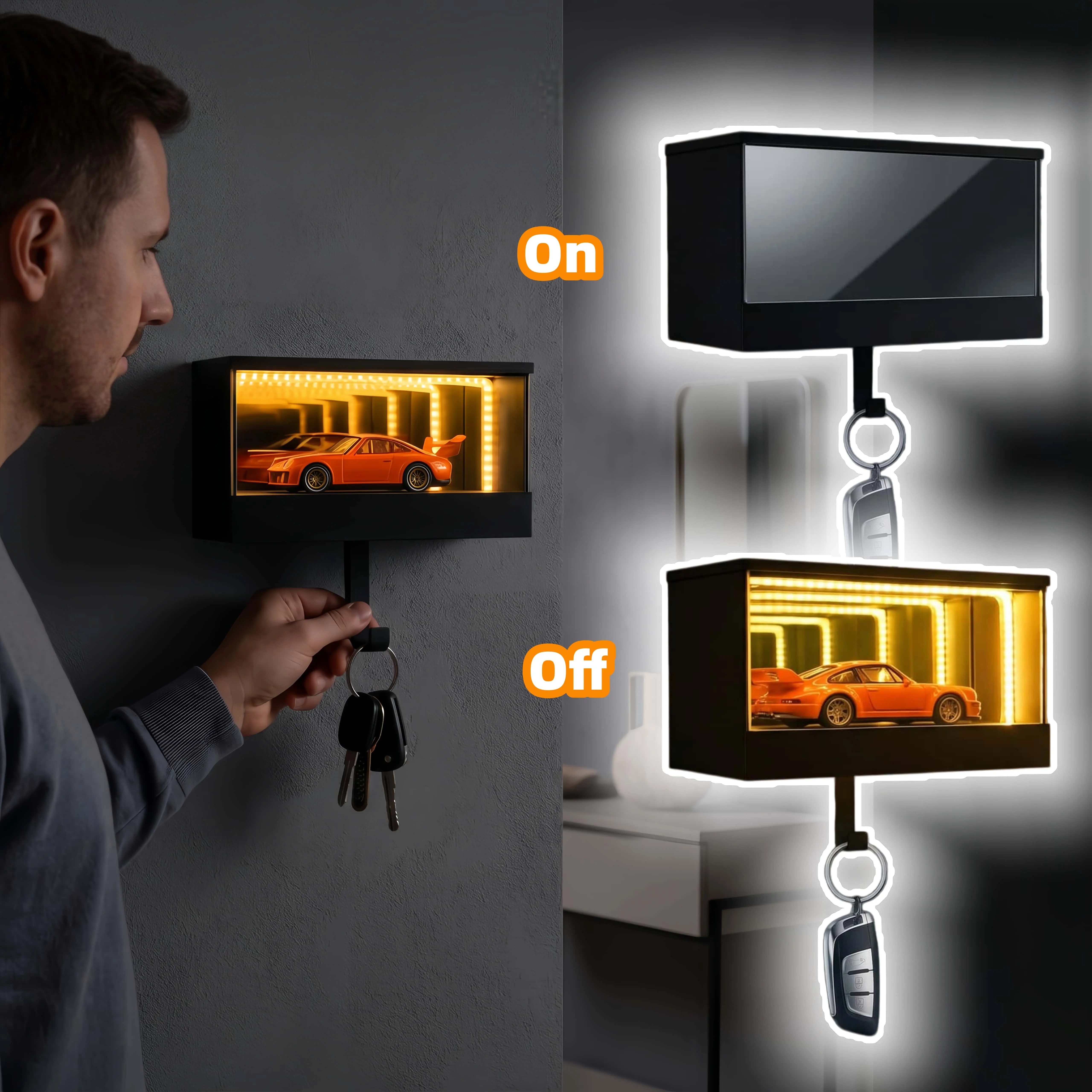 Garage Keychain Hanger, 3D Tunnel Car Key Holder Wall Mount, Car Key Display with LED, Luminous Garage Entrance Organiser, for Car Lovers  Infrared Human Body Sensor Auto On/Off Light, Gift For Dad, Father's Day Gift-MM