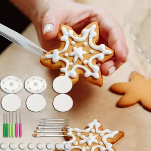 26 PCS Biscuits Decoration Tool Durable Biscuits Decoration Turn Plate is equipped with a labeling needle decorative brush anti -slip pad baking sheet for pastry biscuits frosting and sugar paste cake decoration tool Bakeware Silicone Stainless Steel summ