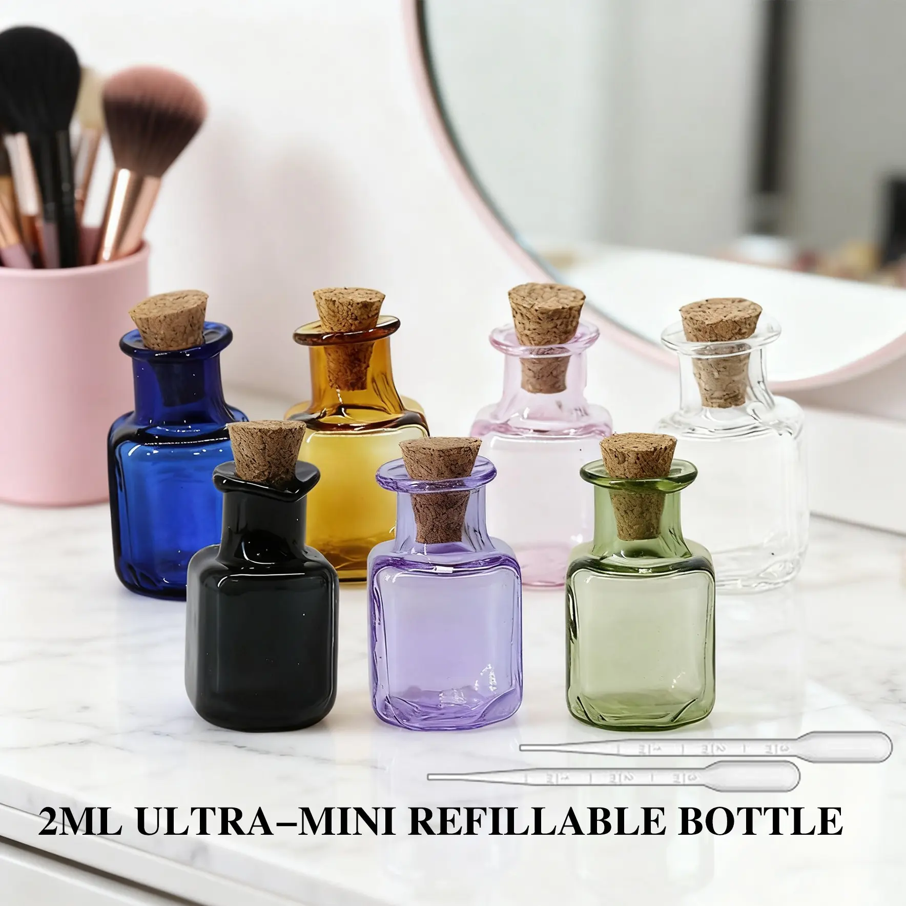 7pcs 2ML Ultra-Mini Refillable Design Glass Dispensing Bottles Set, Glass Dispenser Bottles, Wooden Stoppers & Droppers, Travel-Friendly for Toner, Lotion, Essence, Cream, Essential Oil, Storage Bottles
