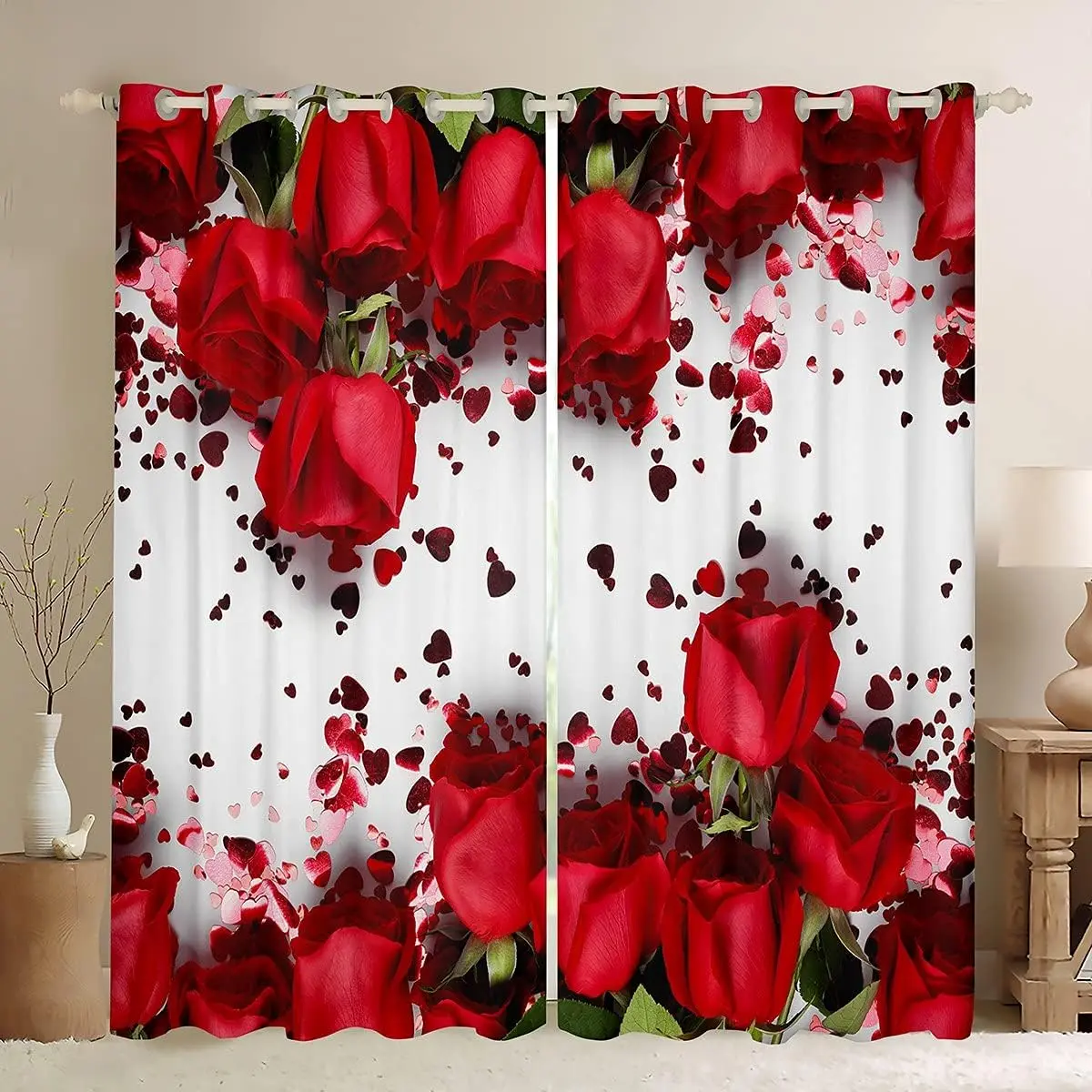 Feelyou Red Rose Petals Botanical Colored Textured Curtain for Windows - Privacy Grommet Window Drapes, Romantic Household Textile, 30-50% Dimming Darkening Window Treatments for Bedroom, Living Room