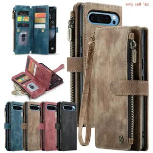 Zipper Wallet Case for Google Pixel 10 10A 9 9A Pro XL 8 8A 8Pro Flip Case Strap Magnetic Kickstand Cards Slot Protective Phone Cover