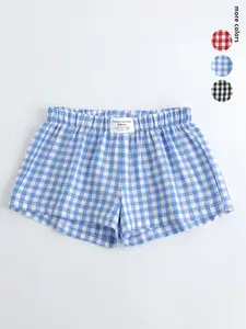 Retro plaid women's shorts - high waisted elastic waist design with letter tags, cute casual summer bottoms, red/black/blue plaid, suitable for casual home and street wear, home casual style, simple and personalized summer outfit, spicy girl outfit