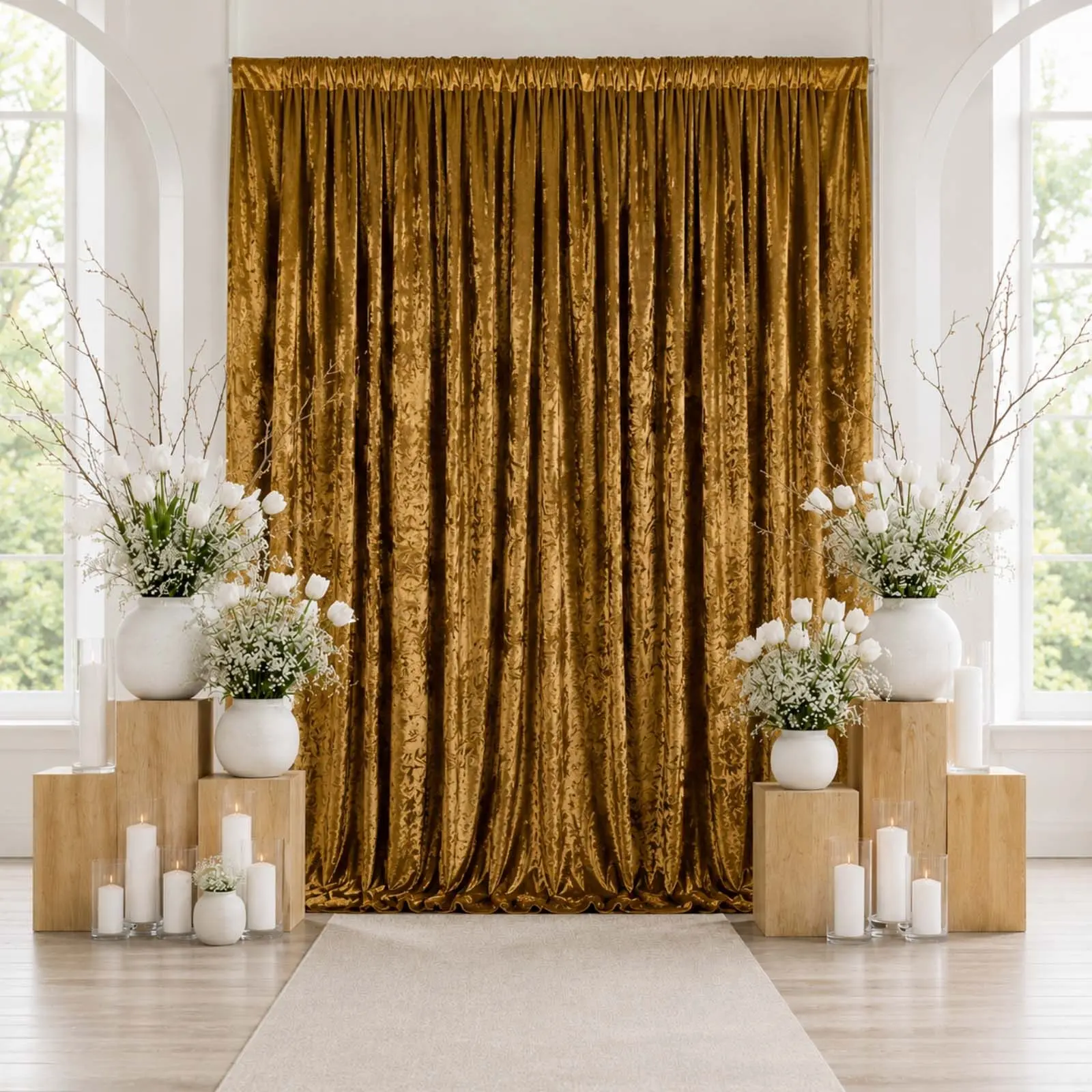 Gold Premium Crushed Velvet Backdrop Curtain 10ft x 12ft – Wedding Backdrop Panel & Event Drapery with Rod Pocket, 70% Blackout
