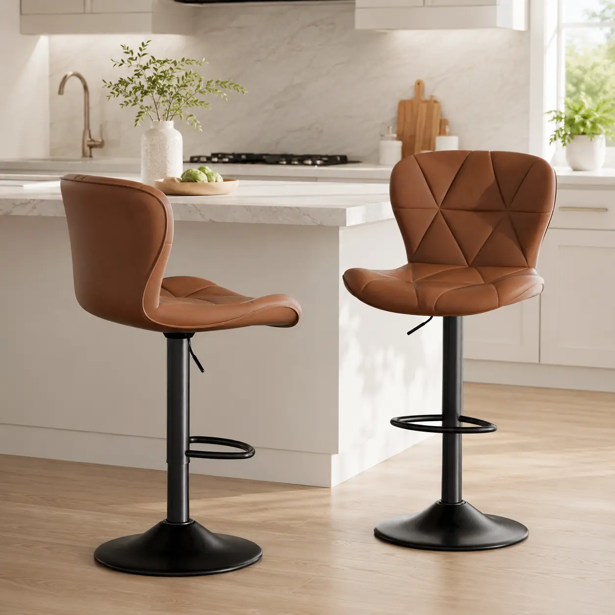 Set of 2 Adjustable Swivel Bar Stools, Upholstered Counter Height Chairs with Geometric Backrest, Footrest and Black Pedestal Base for Kitchen Island