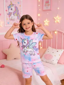Girls Cute Cartoon Print 2-Piece Pastel Cute Pajamas Spring Short Sleeve Top and Shorts Pajama Set, Lightweight Home Sleepwear for Toddlers, Kids and Children, Pajamas Loungewear