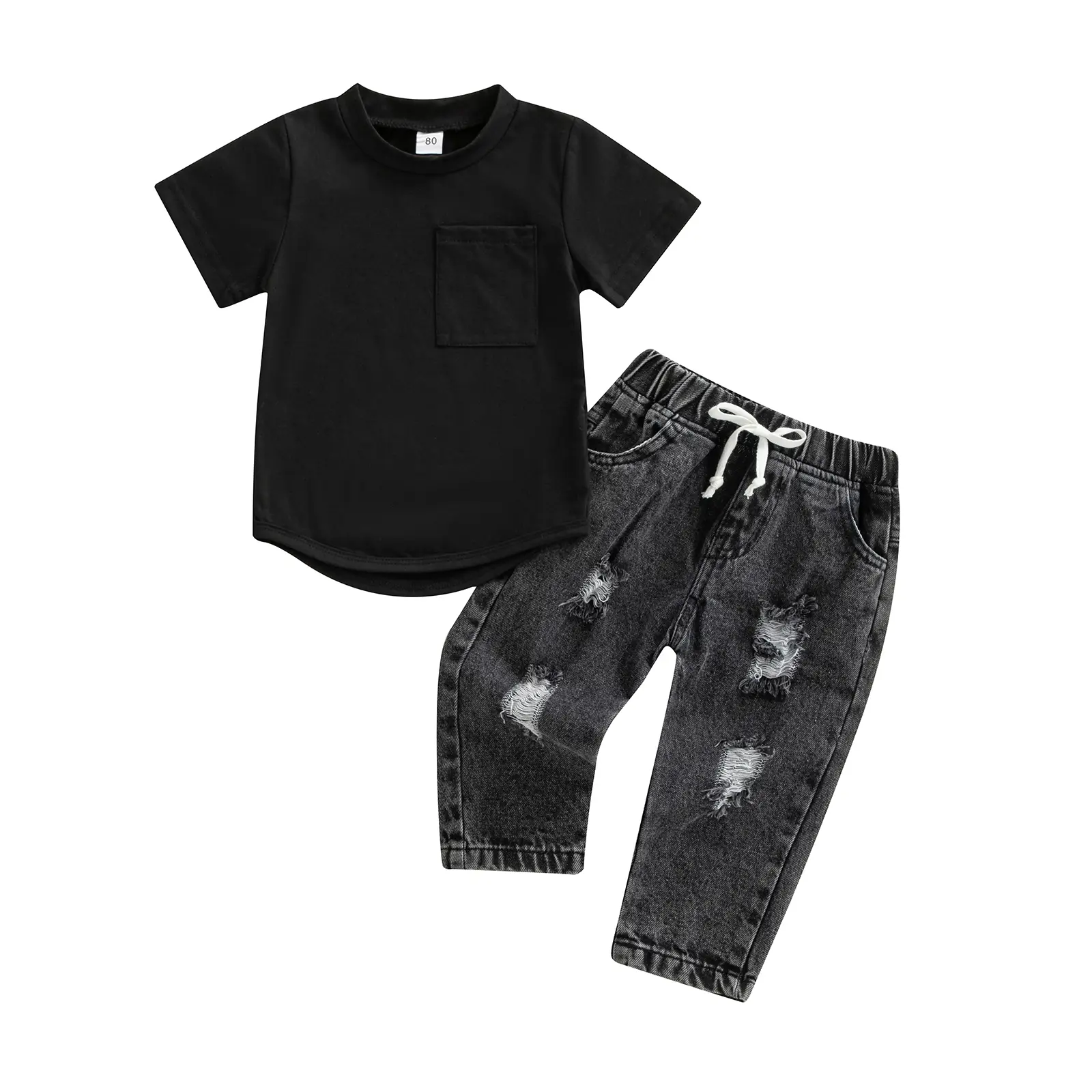 REDWOON Infant Baby Boys 2Pcs Outfits 6 12 18 24 Months 3T Solid Color Round Neck Short Sleeve T-Shirt Tops + Ripped Jeans Denim Pants Set