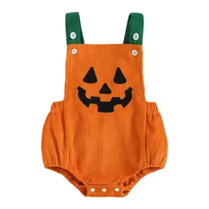 My First Halloween Baby Boy Outfit Newborn Pumpkin Corduroy Romper Overalls Sleeveless Buttons Bodysuit Jumpsuit
