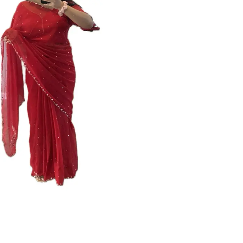 Women's Red Georgette Saree with Handwork - Stitched Blouse, Fall, Picco Included, Traditional Occasion Ethnic Wear, Women's Clothes, Costumes, Fabric, Accessories, Includes Stitched Blouse, Ethnic Costumes & Accessories