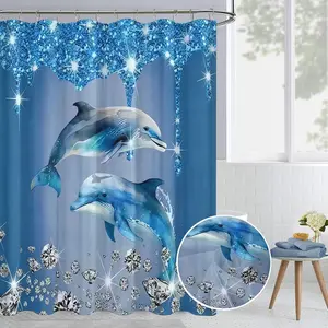 Waterproof Dolphin Pattern Decorative Shower Curtain Set Hanging Installation, Durable Polyester Fabric, Geometric Design Bathroom Accessories, 71x71 Inches