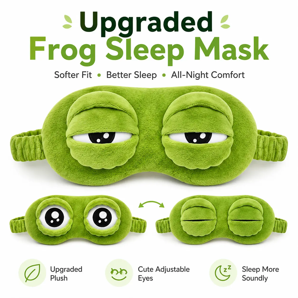 【Upgraded】3D Frog Sleep Mask, Cotton-Plush Soft Cute Cartoon Eyeshade, Better Light Blocking for Worry-Free All-Night Sleep, Adjustable Strap Portable Blindfold for Travel, Naps, Bedtime, Fun Adult Gift