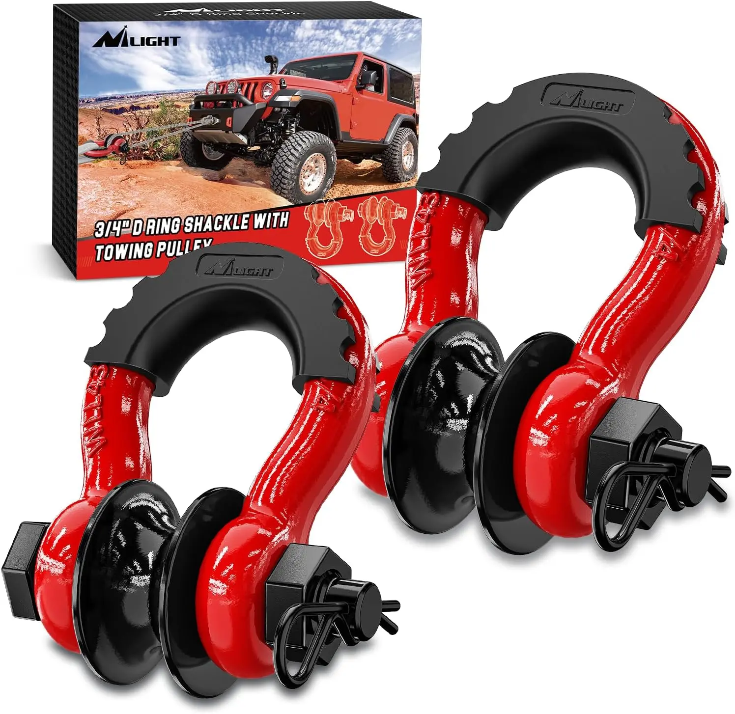 Nilight 2-Pack Heavy-Duty 3/4" D-Ring Shackle with Towing Pulley, 4.75-T (9500 Lbs) 7/8" Pin, Off-Road Winch Tools with Isolators & Washer Kit, Universal for Winch-Ready Vehicles, Trailer Compatible