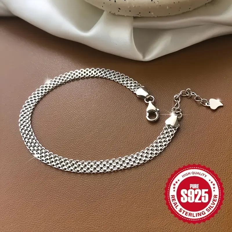 S925 Pure Silver Heavy-Duty Tank Mesh Braided Bracelet - Italian Style Daily Wear Jewelry, Unisex Fashion Versatile Bracelet for Daily & Special Occasions, Pure Silver Bracelets & Bangles