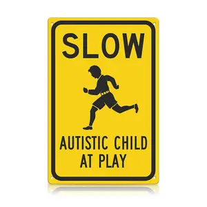 Safety “Slow – Autistic Child at Play” Tin Sign, High-Visibility Yellow Metal Warning Sign for Driveway, Street, Yard & School Zone – Palette & Wall