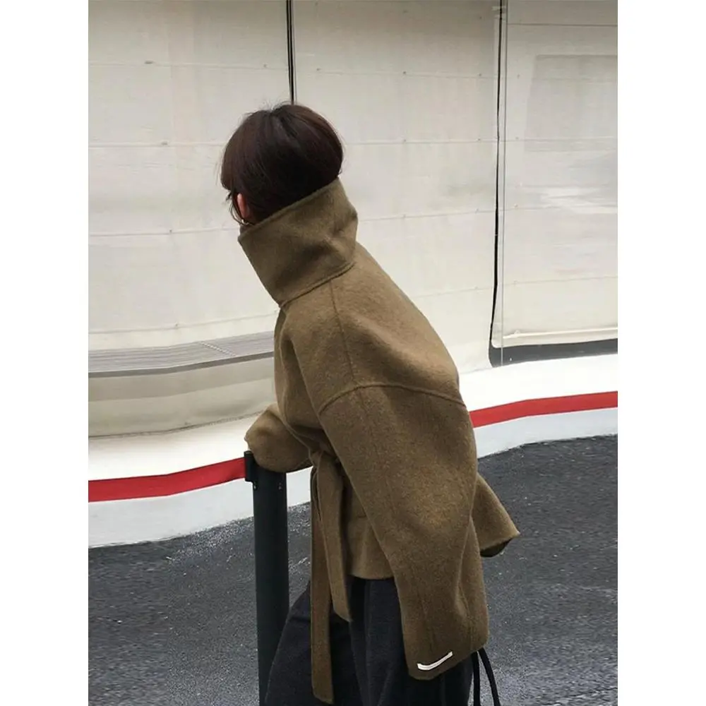 Women's 2025 New Autumn-Winter Turtleneck Oversized Double-Sided Woolen Outerwear, Adjustable Lace-Up Chic Coat for Everyday Wear, Matching Bottoms-Fit Pieces (Party Accessory), Soft
