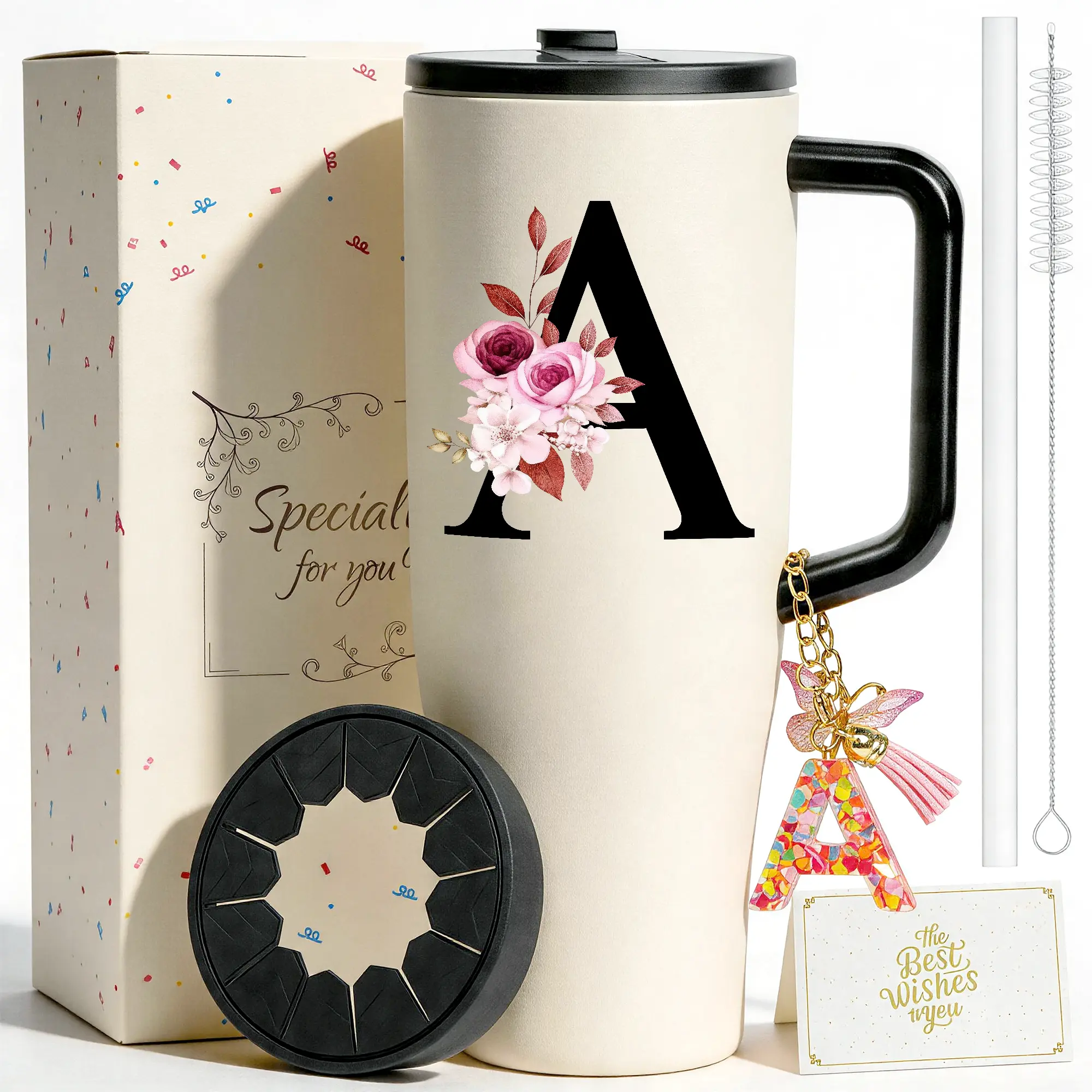 ZIOSINM Personalized Initial 40oz Tumbler with Handle, Leak-Proof Insulated Stainless Steel Travel Mug Set, Includes Custom Keychain, Card & Silicone Ring, Perfect To-Go Gift