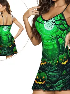 Halloween Print Sexy Sleeveless Nightgown for Women, Summer Thin Ice Silk Pajamas, Adjustable Strap Sleepwear, Comfortable Home Wear, Soft Loungewear