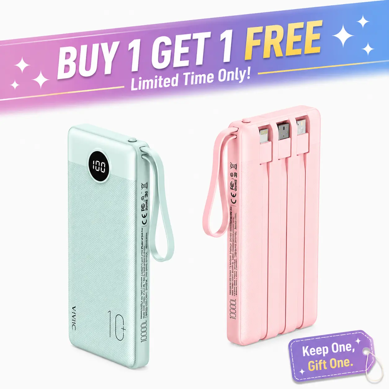 【BOGO】VRURC 10000mAh Fast Charging Power Bank 22.5W, All-in-One Portable Charger with 4 Built-in Cables, LED Display, USB-C Rechargeable, Travel Battery Pack for Android, iPad  #Summervibes